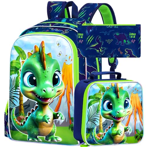 3Pcs Dinosaur Backpack for Boys, 16" Bookbag with Lunch Box, Kids School Backpacks Set for Elementary Preschool Kindergarten (Green) - color: Dinosaur Green