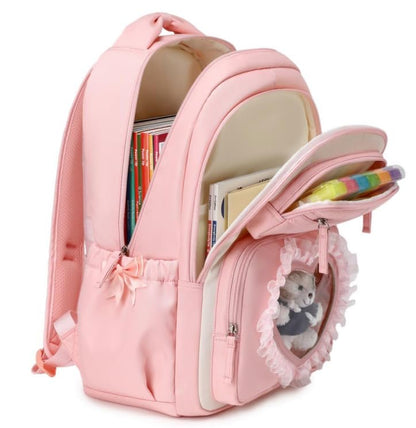 MOONBABY Girls Backpack Set with Lunch Bag & Pencil Case for School, Cute Kawaii Ita Heart Window Bookbag, Large Kids Backpack for Girls Age 6-12, Elementary & Middle Schoolbag - color: Pink-white-set