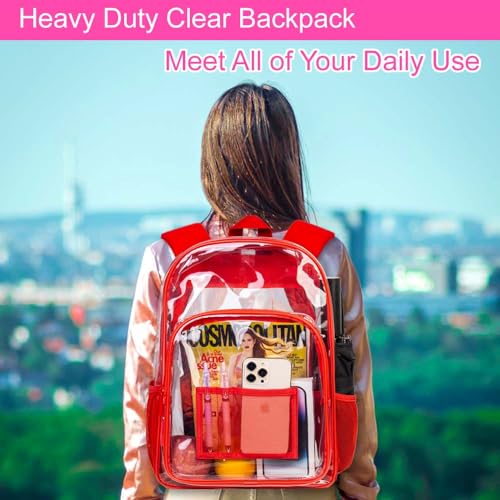 gxtvo Clear Backpack, Heavy Duty Transparent Bookbag, See Through Backpacks for Women Men | Heavy Duty - color: Red