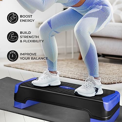 Yes4All 2-in-1 Adjustable Aerobic Step Platform Fitness Exercise Stepper with Rocker Balance Board Legs for Home Workout, Step Exercise & Balance Training - color: B. Dark Blue