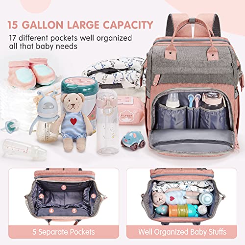 DERJUNSTAR Diaper Bag Backpack – Large Capacity Baby Diaper Bag with Changing Pad for Dad and Mom, Waterproof Travel Backpack, Multi-Function Bag with USB Charging Port, Rose Pink - color: Rose Pink