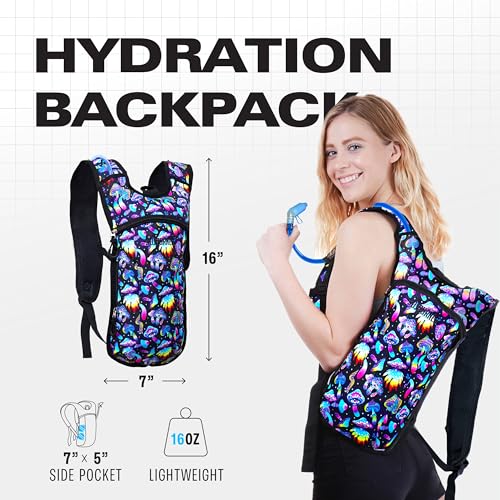 Sojourner Rave Hydration Pack - Hydration Backpack - Hydropack with 2L Bladder - Water Backpack for Festivals, Hiking, Running, Biking and More - color: Magic Mushroom