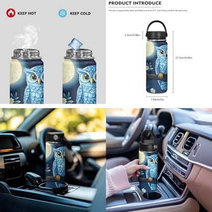 ZOUTAIRONG Moon Owl Backpack for School and Small Thermos School Bags for Girls Boys 7-10/10-12/12-16, Casual Backpack with 2 Side Pockets - color: Moon Owl