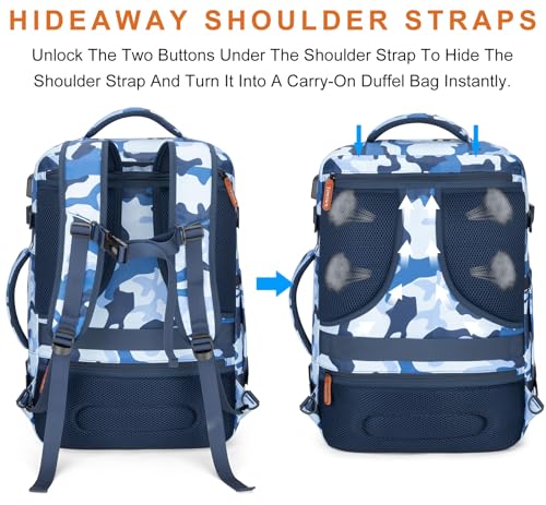 BAGPARKK Travel Backpack 42L Carry on Backpack Flight Approved Expandable Travel Backpack Carry on Backpack Luggage Daypack (Blue Camouflage) - color: Blue Camouflage