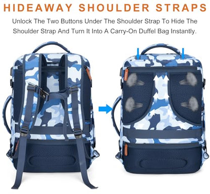 BAGPARKK Travel Backpack 42L Carry on Backpack Flight Approved Expandable Travel Backpack Carry on Backpack Luggage Daypack (Blue Camouflage) - color: Blue Camouflage