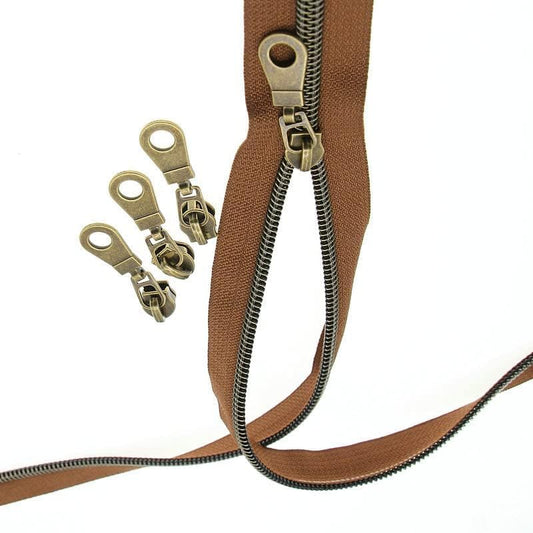 #5 Antique Brass Metallic Nylon Coil Zippers by The Yard Bulk Brown Zipper Tape 10 Yards with 25Pcs Pulls for DIY Sewing Craft Bags YIGUANXIN - color: Brown-Brass