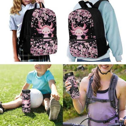 ZOUTAIRONG Casual Backpack and Small Water Bottle Cherry Blossom Axolotl School Bags for Girls 7-10/10-12/12-16, Large Capacity Lightweight Bookbag with Side Pockets - color: Cherry Blossom Axolotl