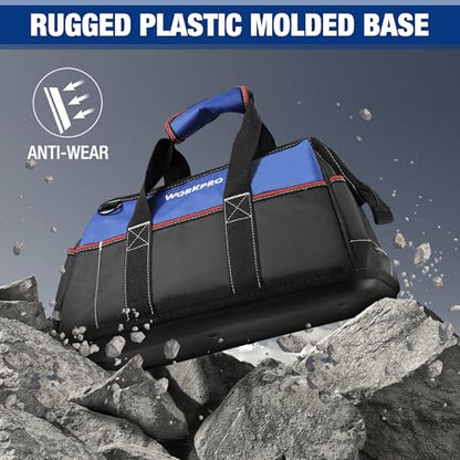 WORKPRO 16-inch Wide Mouth Tool Bag | Heavy Duty Cloth Tool Storage Bag, Water Proof Molded Base, Adjustable Shoulder Strap - color: Blue &Red