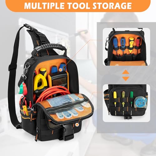 Electrician Tool Pouch Bag, Zippered HVAC Tool Organizer with Ergonomic Handle and Shoulder Strap for Maintenance Repair Technicians, Black (Patent Pending) - color: Black