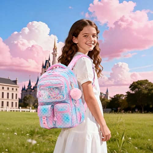 Girls Backpack,School Bag for Kids,Primary,Elementary,teen ages 6-15 Girls Bookbag,Students Kawaii Backpack Pink mermaid - color: Pink Mermaid