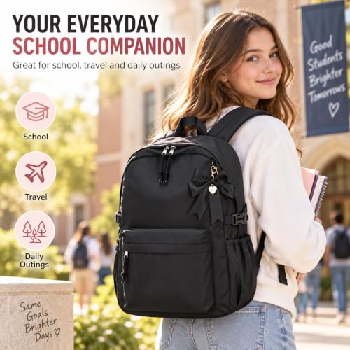 LOIDOU Girls Backpack for Kids Cute School Bookbag - color: Black With Pink, size: L-17"