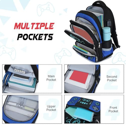Bevalsa Backpack for School Boys, Cool Luminous Gamer Boys Schoolbag with Lunch Box & Pencil Case Set for Kids Teens Elementary Middle School, Bookbag Glow In The Dark(Blue School Backpack) - color: Blue School, style: Backpack