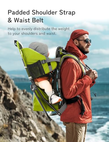 besrey Baby Backpack Carrier, Toddler Hiking Backpack with Safety 3-Height Seat, Adjustable Straps&Waist Belt, Foldable Frame Lightweight Large Capacity Child Carrier for Hiking (Green) - color: Green