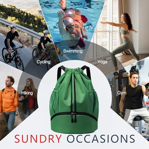 PinCute Drawstring Backpack for Women Men, Gym Bag for Soccer, Basketball, Swim, Beach, Water-Resistant Sports Backpack with Wet Pocket and Shoe Compartment, Dark Green - color: Dark Green