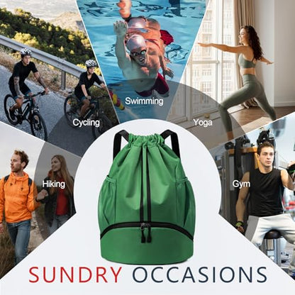 PinCute Drawstring Backpack for Women Men, Gym Bag for Soccer, Basketball, Swim, Beach, Water-Resistant Sports Backpack with Wet Pocket and Shoe Compartment, Dark Green - color: Dark Green