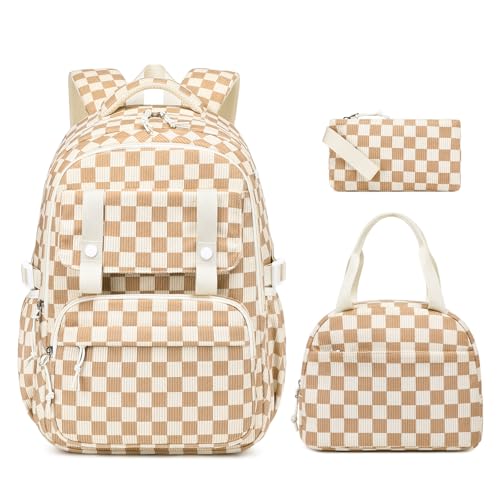MUSEVOS Girls Backpack with Lunch Bag, Elementary Middle School Backpack, Large Capacity Kids Bookbag 3 Pcs Set - color: Khaki-3pcs-set