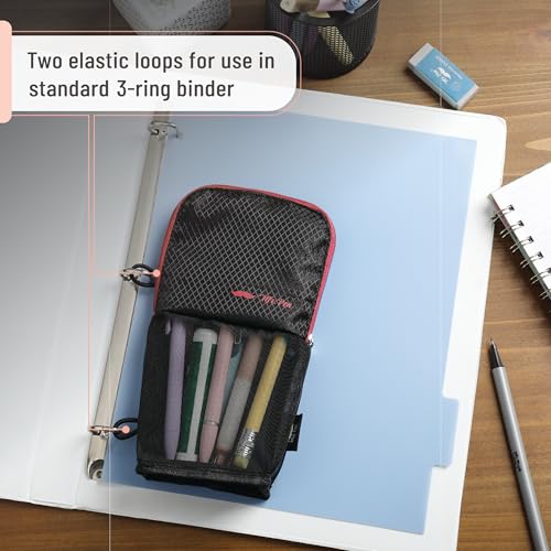 Mr. Pen- Standing Pencil Case Pouch, Sit & Lay Mesh-View Design, Black with Red Zipper, Interior Pocket & 2 Elastic Binder Loops, Cute Pencil Case for Girls and Boys - color: Black with Red Zipper