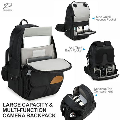 Padwa Lifestyle Black Professional Camera Backpack - Large Capacity Nylon Photography Camera Bag with Thick Padded Comfort Strap and Wide Waist, Versatile Photographer,Multi Cameras,Lensas,a Laptop - color: Black