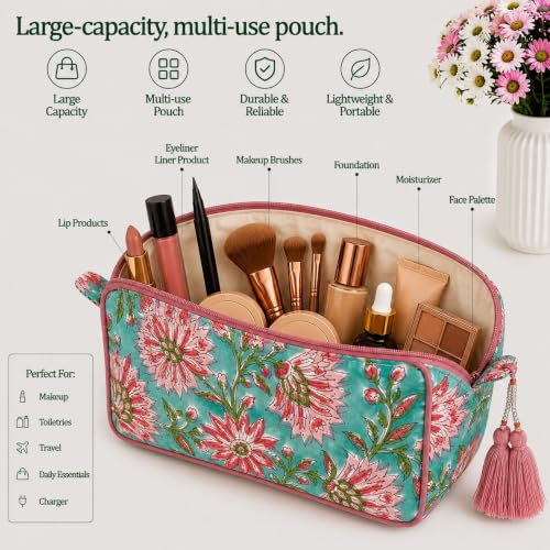 Huar Travel Makeup Bag- Large Capacity Cosmetic Bags for Women - color: Green & Pink Floral