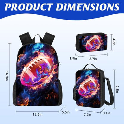 Football Backpack Set for School,17 Inch Casual School Bags with Lunch Box, Kids Daypack Bags and Pencil Case Set for Teens Boys Men Students - color: Football
