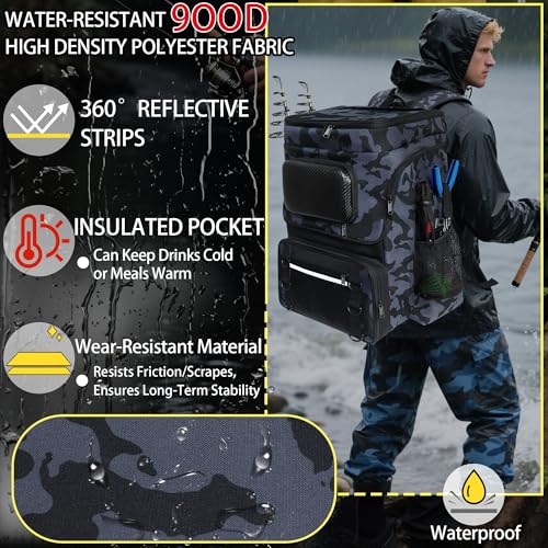 Fishing Backpack with Rod Holder, Large 50L Tackle Bag Water Resistant Tackle Backpack Heavy Duty Fishing Bag Gift for Men Woman - color: D: Yellow Camo