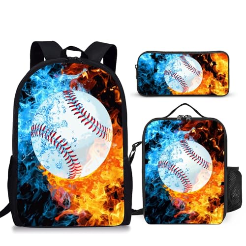 Baseball Backpack Set for School,17 Inch Casual School Bags with Lunch Box, Kids Daypack Bags and Pencil Case Set for Teens Boys Men Students - color: Ice&fire-baseball