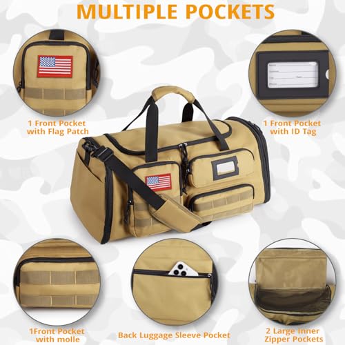 Expandable Gym Bag For Men,Tactical Large 3 in 1 Sports Duffle Bag With Shoes Compartment,Water Resistant Sports Gym Tote Bags Multi-functional Weekend Travel Backpack Overnight Bag - color: Brown