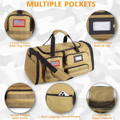 Expandable Gym Bag For Men,Tactical Large 3 in 1 Sports Duffle Bag With Shoes Compartment,Water Resistant Sports Gym Tote Bags Multi-functional Weekend Travel Backpack Overnight Bag - color: Brown