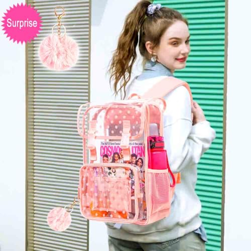 3PCS Pink Clear Backpack, Heavy Duty Transparent Bookbag for Girls Women, Stadium Approved See Through Backpack Set (Pink Dot) - color: Pink Polka Dots