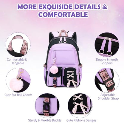 ACESAK Backpacks for Girls, Girls Backpack with Lunch Box and Pencil Case for Teen Kids Elementary Middle High School College Student, Children School Backpack Bookbag with USB Charging Port (Purple) - color: Black & Purple
