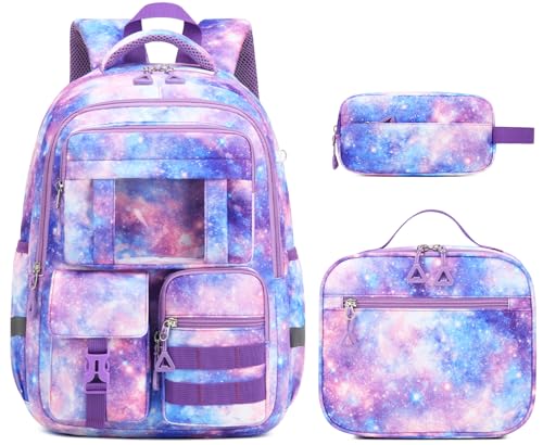 Kids Backpack for Girls - 3PCS School Bag for Elementary Middle School, Cute Lightweight Bookbag with Laptop Compartment & Multiple Pockets, Purple Galaxy - color: Purple Galaxy