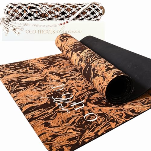 Deluxe Cork Yoga Mat – Gold, Coffee or Vegan Leather Cork Surface & Natural Rubber Base – Premium Natural & Eco Friendly Materials – Includes Signature Handmade Boho Bag - color: Coffee-Infused Cork - Caffè Core