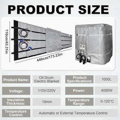 Professional 275-Gallon IBC Tote Heating Blanket – 4000W Fast Heating Electric Heater Jacket, Adjustable 120°C, Fast & Even Heat, Fireproof Silicone, Waterproof - color: Gray