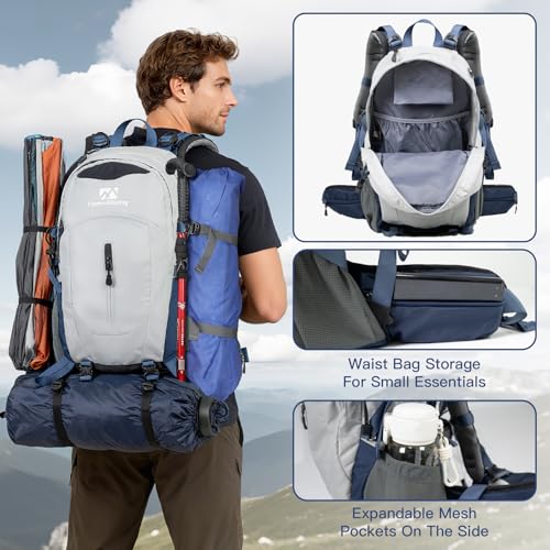 Farmer&Donkey Hiking Backpack, 40L Waterproof Camping Backpack with Packable Back Panel & Rain Cover, Men Women Rucking Backpacking Backpack Outdoor Sport Lightweight Travel Daypack for (Grey) - color: Grey