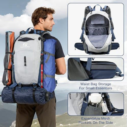 Farmer&Donkey Hiking Backpack, 40L Waterproof Camping Backpack with Packable Back Panel & Rain Cover, Men Women Rucking Backpacking Backpack Outdoor Sport Lightweight Travel Daypack for (Grey) - color: Grey