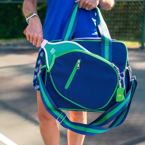 Cute Prepster Pickleball Bag for Women with Fence Hook, Tote with Pockets for Water Bottle, Paddles, Balls, Accessories - color: Navy/Green