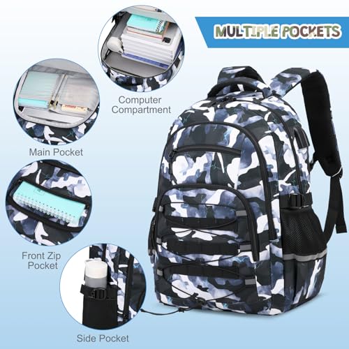 ACESAK Camo Backpack for Boys, Tactical Kids Backpack Boys, School Bags for Boy Children Teens Kids Elementary Middle High School, Military Bookbag and Lunch Bag Pencil Case Set with USB Charging Port - color: Black Blue Camo