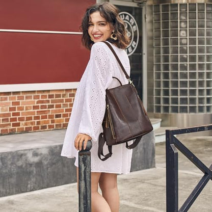 S-ZONE Leather Backpack Purses for Women Antitheft Rucksack Shoulder Bag Medium - color: 4-deep Brown