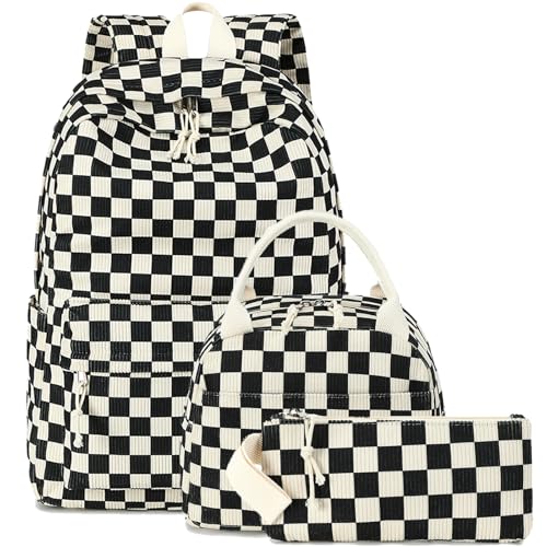 Bluboon School Backpack Set Girls Womens Laptop Bookbag Casual Daypack Fits 15 inch Laptop with Lunch Tote Bag and Pencil Bag - color: Corduroy Black Checkered 1