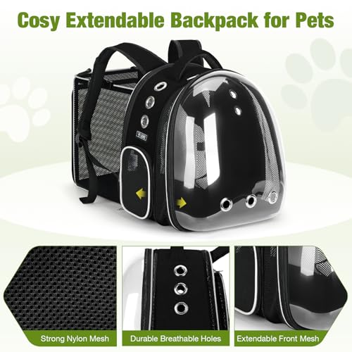 Lekereise Cat Backpack Carrier, Expandable Large Space Cat Bubble Backpack for Kitty Small Dog up to 18lbs, Transparent Pet Carrier for Travel, Hiking - color: Black