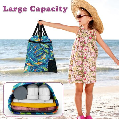 Blue Shark Drawstring Backpack, 15” x 17” Waterproof Swim Bag for Beach Swimming Pool, Lightweight Foldable Gym Bag with Water Bottle Holder for Sports Travel - color: Blue Shark