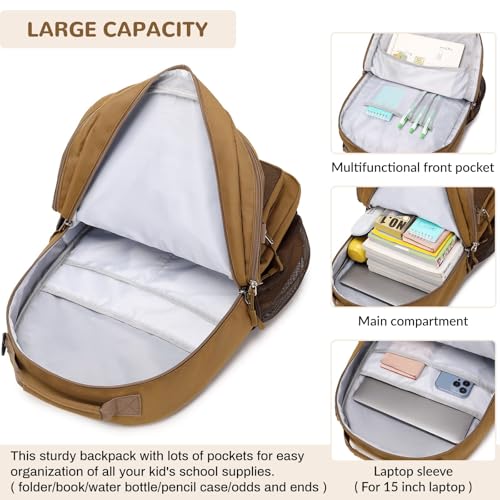 Lohol Water Resistant Backpack with Multifunctional Pockets for Teens, Durable Bookbag fits 15.6 inch Laptop for School Travel College, 25L (Brown) - color: Brown