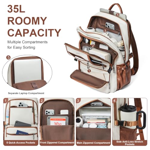 Shrrie 17 Inch Laptop Backpack Purse for Women with Giant Tumbler Holders | Vegan Leather Backpack with Large Water Bottle Pocket,Work Travel Business College Teacher Nurse,35L Large Capaity - color: Beige With Brown
