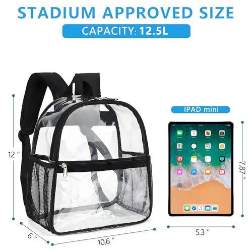 Fammart Clear Backpack Stadium Approved 12x6x12 - Kids & Small Adult Transparent Backpack for School, Work, Sports, Concerts - Clear Bag - color: Black