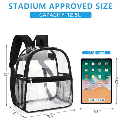 Fammart Clear Backpack Stadium Approved 12x6x12 - Kids & Small Adult Transparent Backpack for School, Work, Sports, Concerts - Clear Bag - color: Black