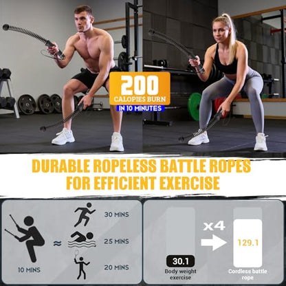 Ropeless Battle Ropes, Upgraded Heavy Duty Portable Cordless Battle Ropes for Home Gym with Poster & Non-Slip Soft Handles for Wrist Protection, Exercise Rope for HIIT and Low-Impact Aerobic Training