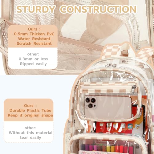 Bluboon Clear Backpack Heavy Duty Kids Boys Clear Bookbag See Through Backpacks with Pencil Case for College Work (Transparent Brown white Checked) - color: Transparent Brown White Checked