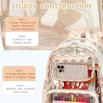 Bluboon Clear Backpack Heavy Duty Kids Boys Clear Bookbag See Through Backpacks with Pencil Case for College Work (Transparent Brown white Checked) - color: Transparent Brown White Checked