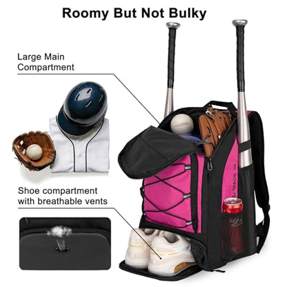 Goloni 40L Baseball Bag, Softball Bat Bag with Shoes Compartment,Fence Hook,Backpack for Baseball, T-Ball & Softball Equipment & Gear - color: Rose Red