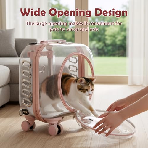 Cat Carrier Backpack with Silent Wheels, Clear Cat Stroller with Ventilation Holes, Telescopic Handle, Convenient Portable Cats Dogs Backpack for Travel (Light Pink-B) - color: Light Pink-B